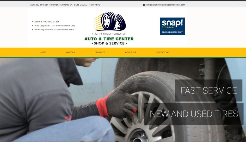 Home page advertising a tire shop